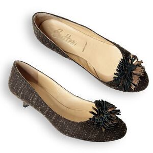 Butter Tweed Brown Metallic Flower Pom-Pom Kitten Heel Pumps Women’s Size 9.5